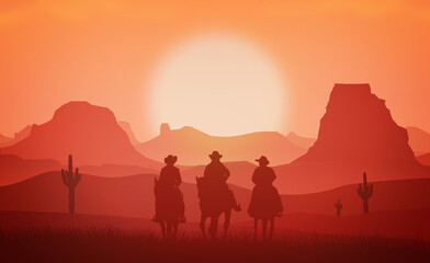 Fototapeta na wymiar Cowboys riding horses at sunset - Western and Wild West concept