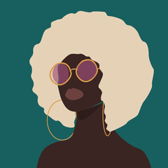 portrait of black curly woman on turquoise background - obrazy, fototapety, plakaty
