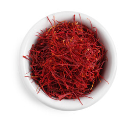 Dried saffron in bowl isolated on white, top view