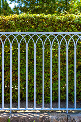 Fototapeta premium Metal Fence Against Green Hedge