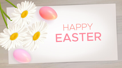 Easter composition with realistic Easter eggs, daisies on wood background. Easter background of spring flowers with paper card and inscription Happy Easter. Vector illustration