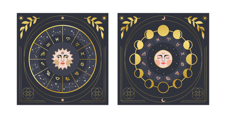 Vector illustration of moon phases circle with zodiac signs and sun with zodiac and constellations signs. Gold gradient.