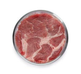 Petri dish with piece of raw cultured meat on white background, top view