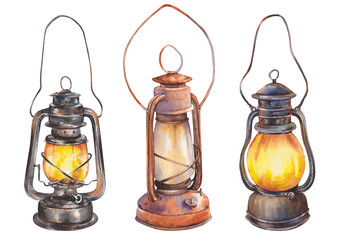 Vintage oil lanterns isolated on white background. © JeannaDraw