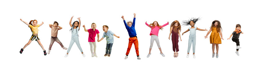 Little and happy kids gesturing isolated on white studio background. Human emotions, facial expression concept
