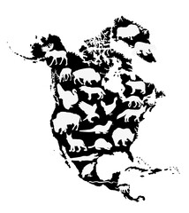 Continent Northern America vector map silhouette illustration with wild animals, isolated on white background. United states of America, Canada, Mexico, Cuba,  Bahamas, Caribbean sea territory.