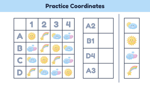 Educational Math Worksheet For Kids Kindergarten, Preschool And School Age. Practice Coordinates.