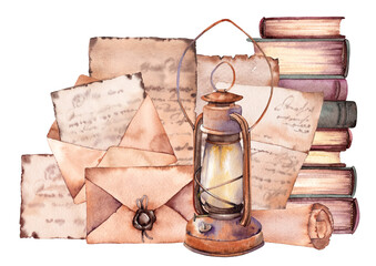 Vintage concept with old papers, envelopes, books and retro lantern.