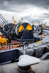 Equipment on a sea tug. Winch for mooring to pier.