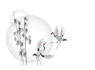 Dancing birds cranes against the background of a large circle of the sun. Silhouettes vector drawing. 
