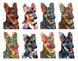 Illustration of German shepherd painted with different artistic techniques