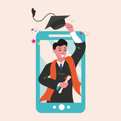 A guy, a young man-a graduate. Prom online. Obtaining a certificate in compliance with the distance. Design, layout, information.