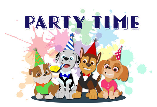 Paw patrol party time! Chase, Marshall, Rubble and Skye is having fun time together. Greeting or invitation card for a kid with cartoon characters. Colorful, bright, happy puppies with birthday caps.