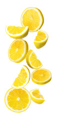 Fresh ripe lemons falling on white background