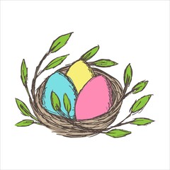 Three multi-colored eggs lie in the nest. Vector grunge cartoon easter clipart isolated on white background