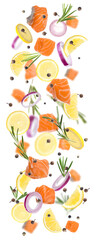 Pieces of delicious fresh raw salmon and different spices on white background. Vertical banner design