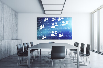 Social network icons concept on presentation monitor in a modern boardroom. Networking concept. 3D Rendering