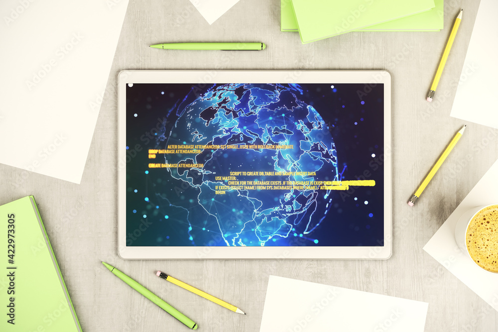 Poster modern digital tablet monitor with abstract programming language and world map, research and develop