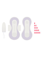 Fototapeta premium Personal hygiene products for comfortable menstruation. Menstruation. Menstruation pad. Menstrual tampon. Vector illustration. Isolated. 