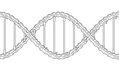 Bicycle chains with spokes twisted like a DNA spiral. Replicable outline tattoo illustration. - 422973770