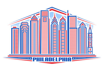 Vector illustration of Philadelphia, horizontal poster with outline design philadelphia city scape, urban line art concept with unique lettering for word philadelphia and decorative stars in a row.