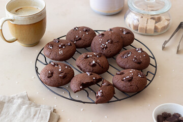 Chocolate cookies with salt and pieces of chocolate. Homemade pastries. Recipe. Vegetarian food.