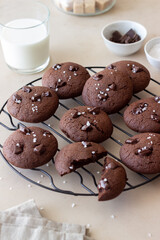 Chocolate cookies with salt and pieces of chocolate. Homemade pastries. Recipe. Vegetarian food.