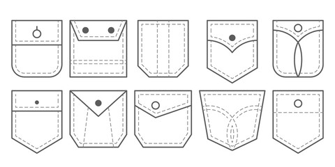 Vector clothing isolated icons set. Patch pocket bag.