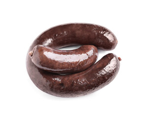 Tasty blood sausages on white background, top view