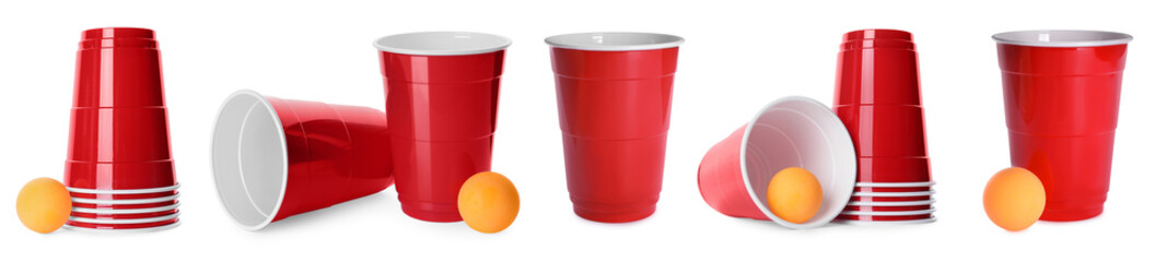 Beer pong. Set with red plastic cups and balls on white background, banner design
