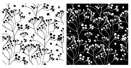 Gypsophila monochrome seamless floral pattern. Dark and light background. Vector illustration