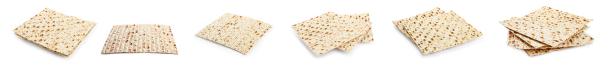 Set with Passover matzos on white background, banner design. Pesach celebration