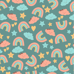 Seamless baby background with rainbow, clouds and stars. Vector. For printing on clothing, fabric, baby bedding, wrapping paper