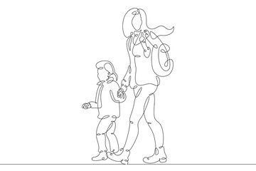 Obraz na płótnie Canvas Mother with her daughter for a walk. Family shopping trip. Motherhood. One continuous drawing line logo single hand drawn art doodle isolated minimal illustration.