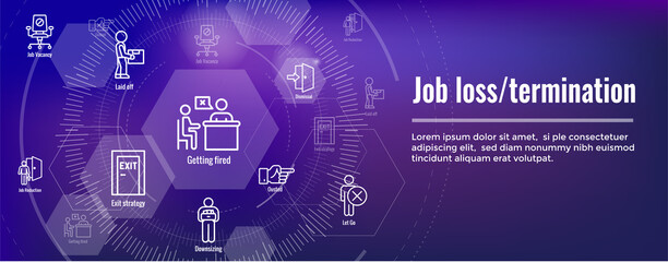 Job Loss, Downsizing, Getting Fired, Unemployment due to Covid 19 or Coronavirus Icon Set Web Header Banner