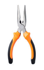 Close up new metal pliers, orange and black rubber grip. Used for bending, cutting, clamping in electrical work. Repair or build. Isolated on white background. with clipping path.