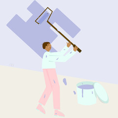 Fototapeta premium a man with dark hair in a blue sweater and pink trousers paints the wall purple when doing repairs