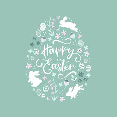 Lovely hand drawn Easter design with bunnies, eggs and flowers, cute doodle elements, great for cards, invitations, banners, wallpapers - vector design