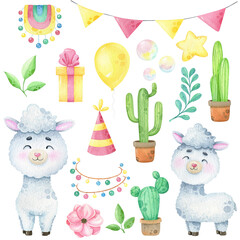 Watercolor happy llama clip art isolated on white © ekkoss