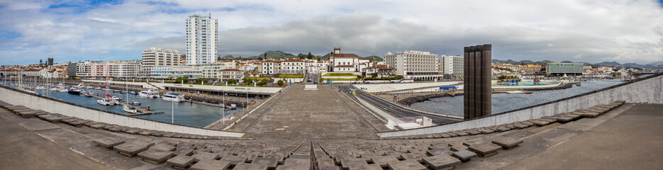 Fototapeta premium Panoramic view over Ponta Delgada city, Azores travel destination.