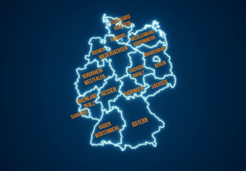 Deutschlandkarte mit Bundesländer und den Landesgrenzen mit hellblauem Neoneffekt auf dunkelblauem Hintergrund.