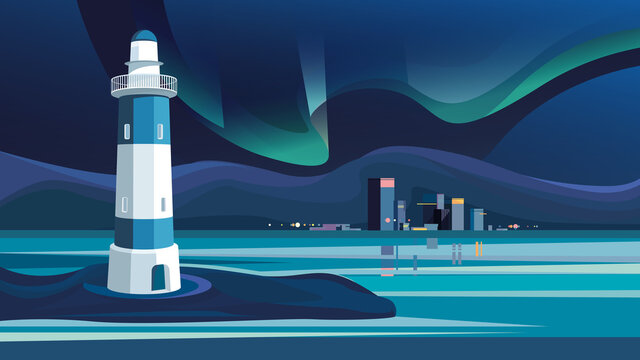 Lighthouse on background of night city. Cityscape with northern lights.