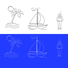 set of nautical icons. palm tree on the island, yacht, diver