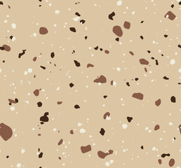 Seamless pattern of terrazzo texture, isolated on a grey background. Abstract pattern in brown and beige colors. Trendy background for web and print design.