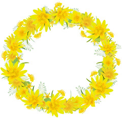 Wreath of wild yellow flowers. For Print or Textile Design, Greeting Cards, Wedding Invitations, Celebration mood.
