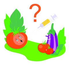 Pros and cons of vaccination. Picture with vegetables, syringe and question mark.