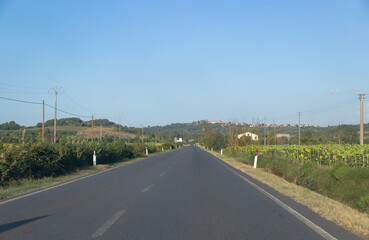Fototapeta na wymiar Empty road and green hill in Tuscany, Italy