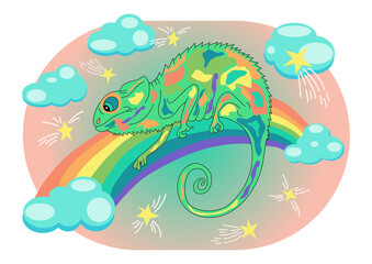 Cartoon chameleon in flat style. Fabulous hero. Vector illustration. Chameleon on the rainbow.