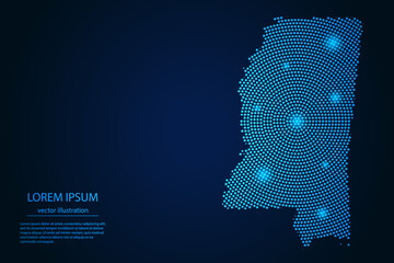 Abstract image Mississippi map from point blue and glowing stars on a dark background. vector illustration. 