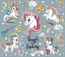 Set of cute cartoon unicorns vector illustration gray